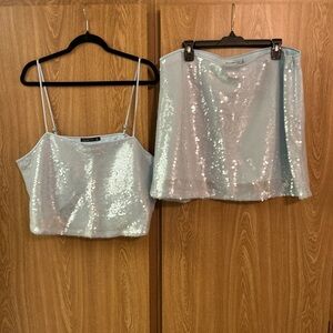 Abercrombie & Fitch powder blue sequin set mini skirt and top size XL